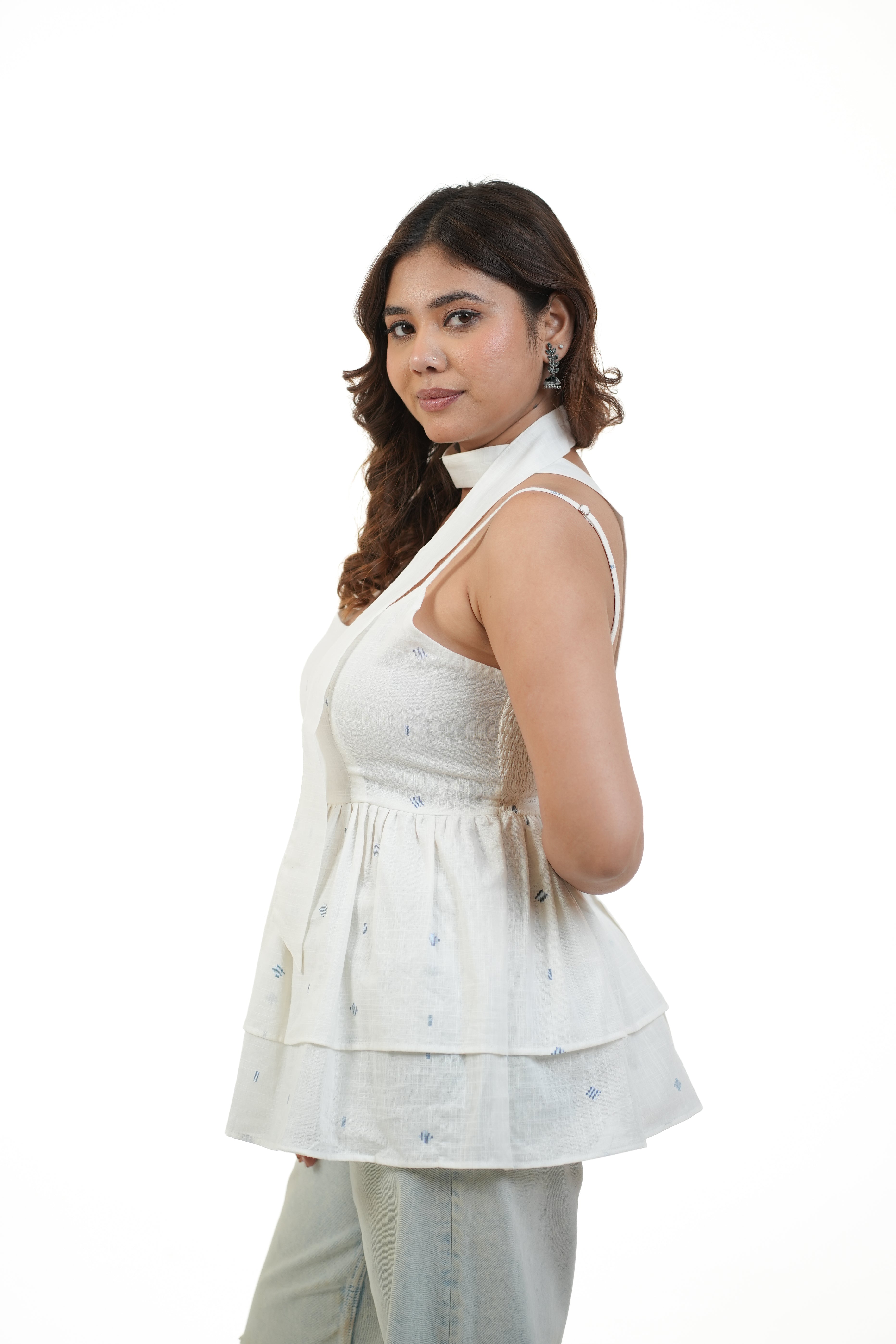 Inaya White Printed Double Peplum Top with Scarf