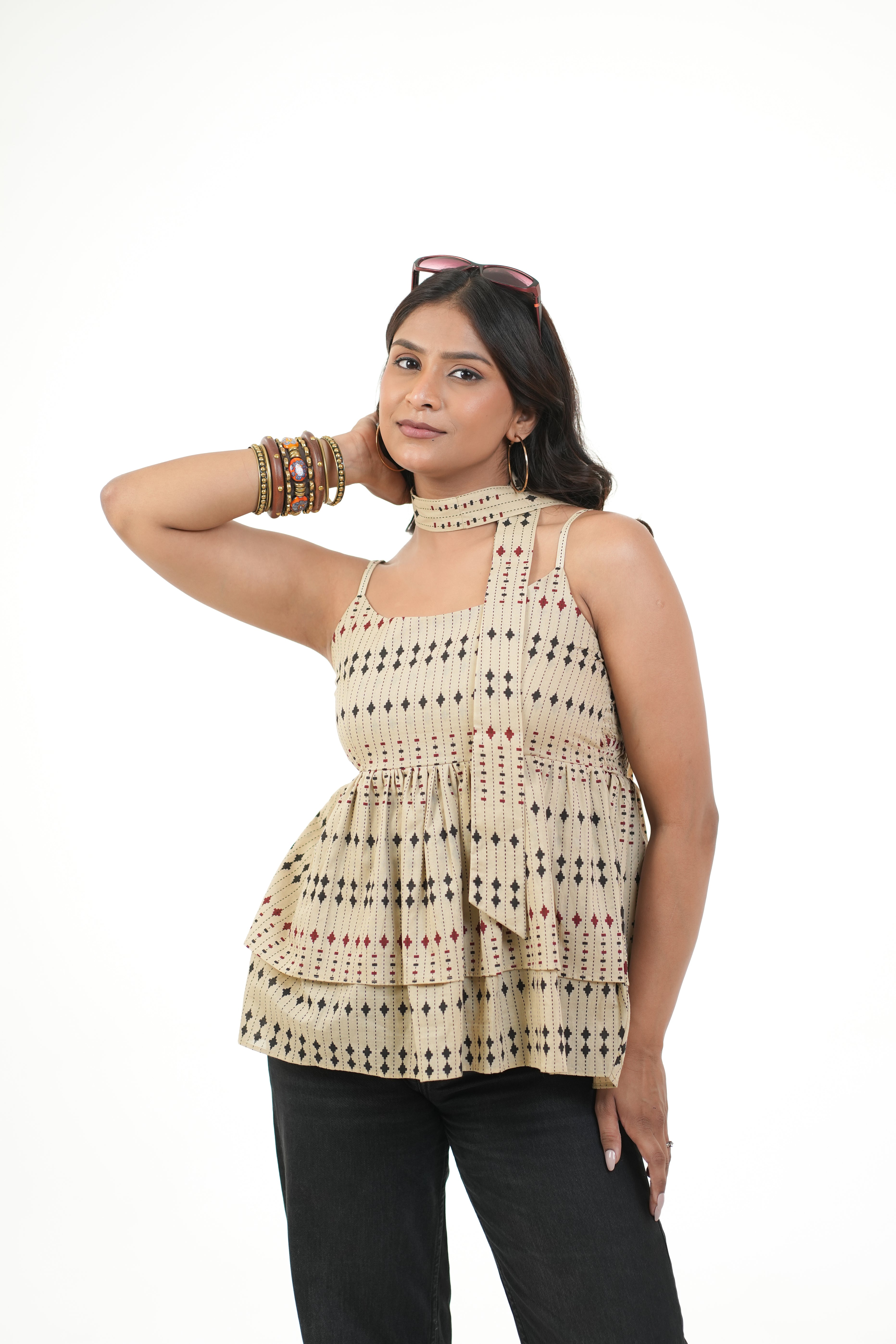 Panna Beige Double  Peplum Top with Scarf