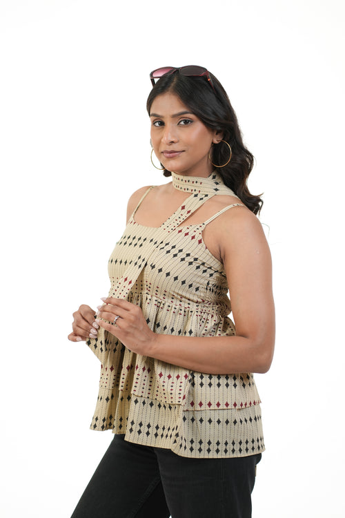 Panna Beige Double  Peplum Top with Scarf