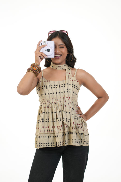 Panna Beige Double  Peplum Top with Scarf