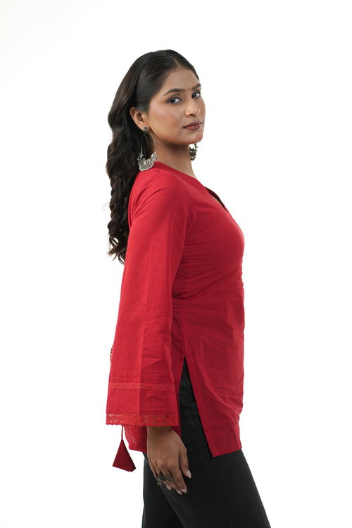 Afreen Red Bell Sleeves Short Kurta