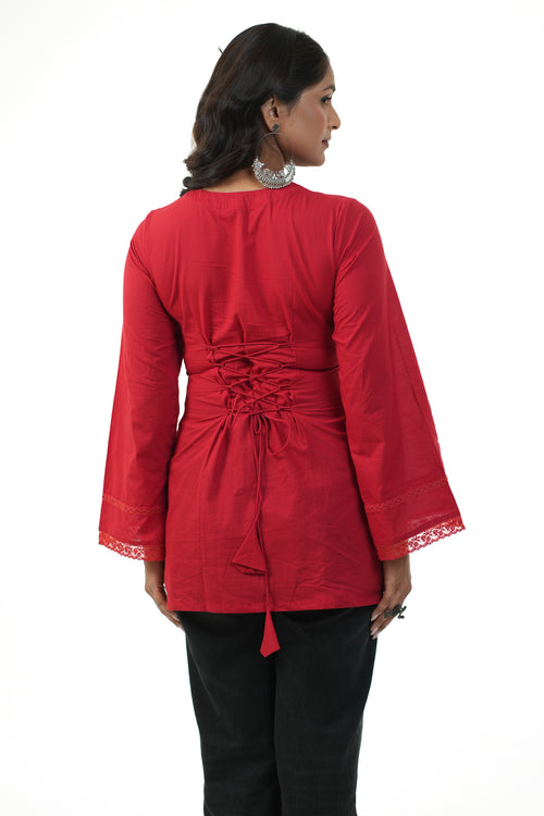 Afreen Red Bell Sleeves Short Kurta
