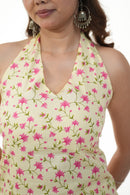 Ahaana Butter Yellow Printed Halter Neck Short Kurti