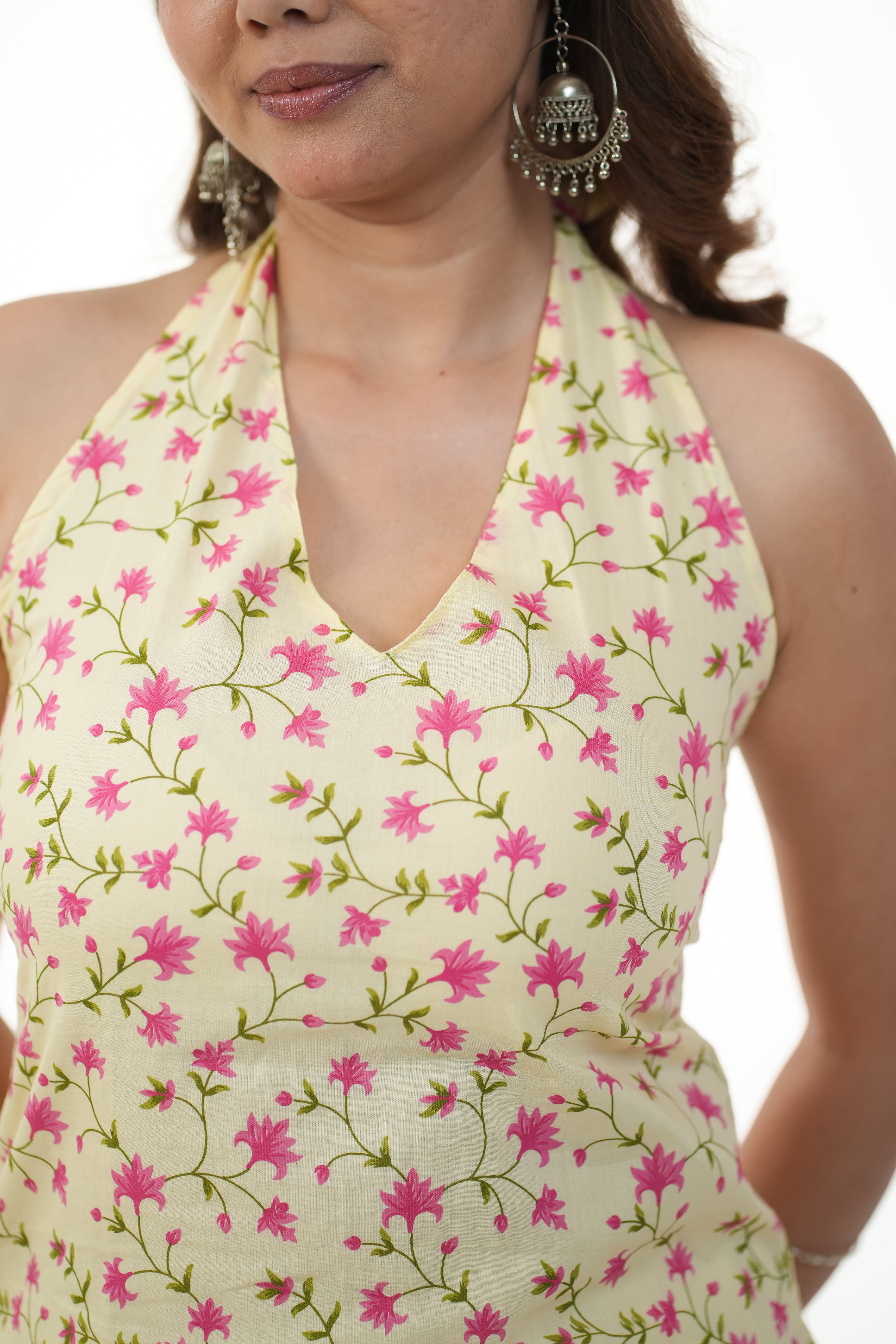 Ahaana Butter Yellow Printed Halter Neck Short Kurti