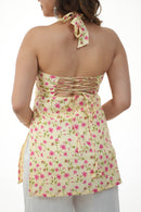 Ahaana Butter Yellow Printed Halter Neck Short Kurti