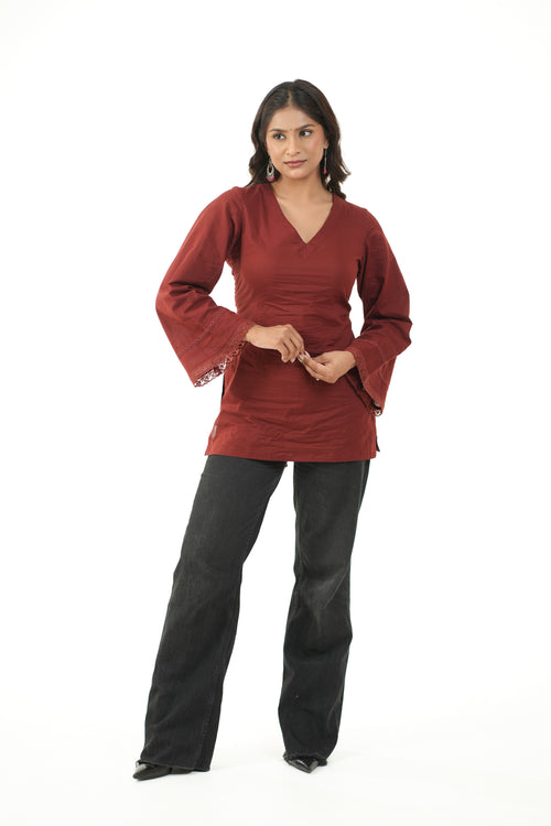 Surmai Brown Bell Sleeves Short Kurta