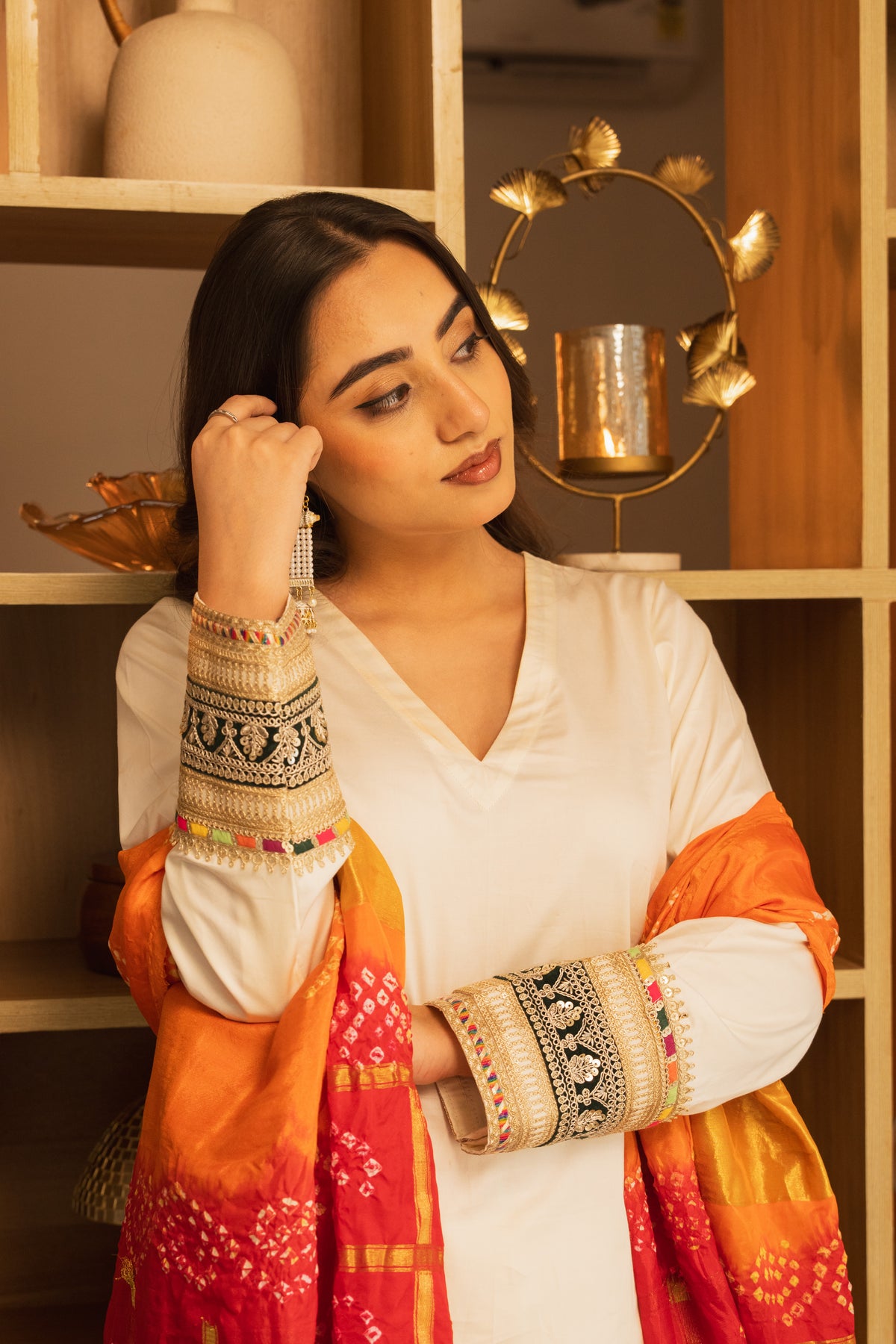 Sunheri Ivory Lace Work Co-ord Set with Dupatta