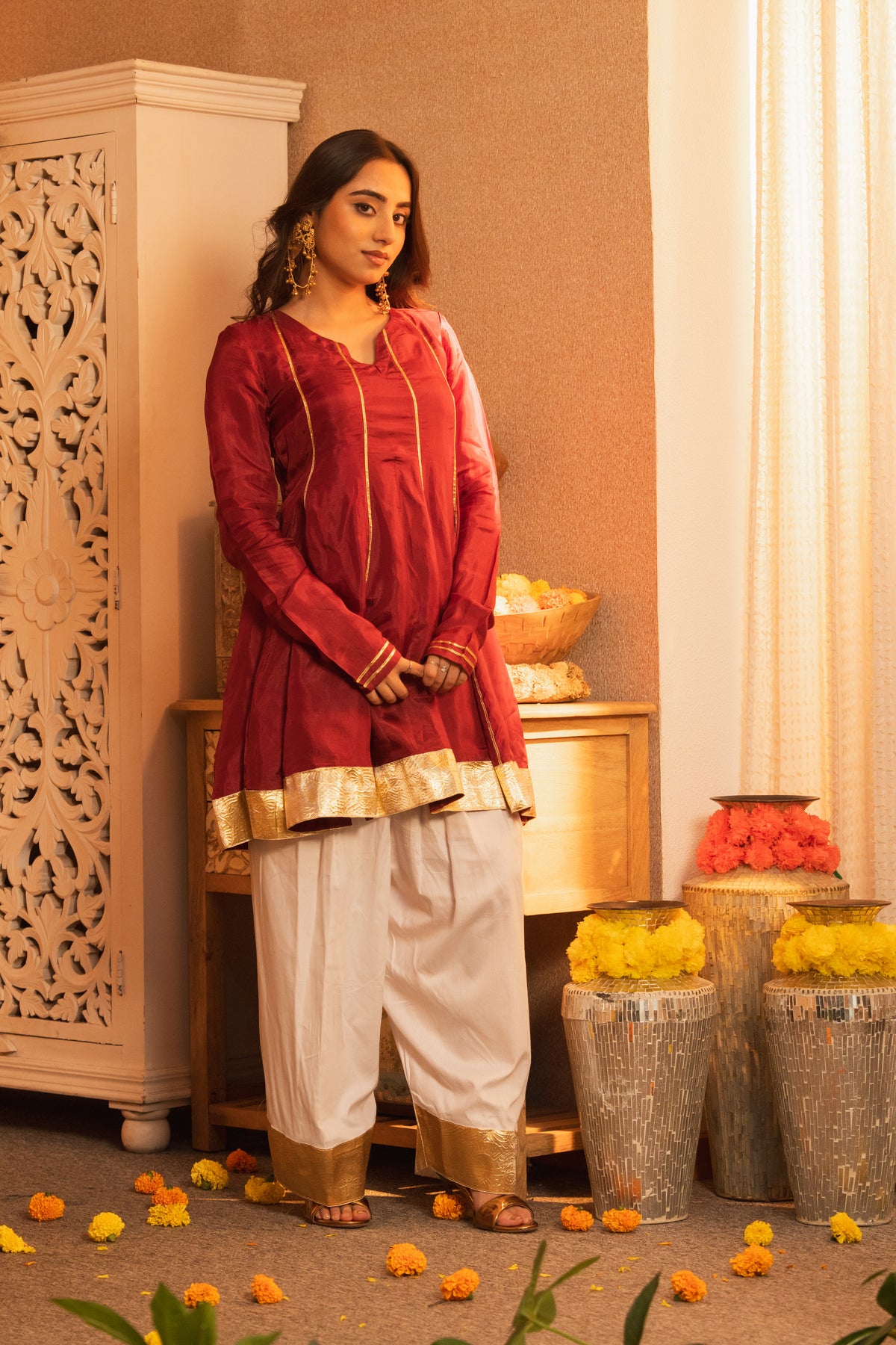 Suroor Wine Short Anarkali with White Farshi Salwaar