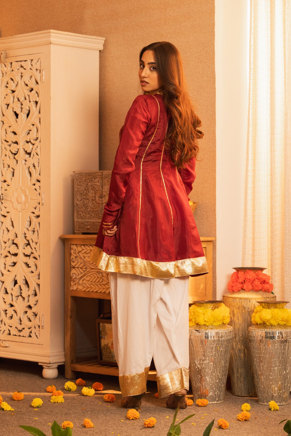 Suroor Wine Short Anarkali with White Farshi Salwaar