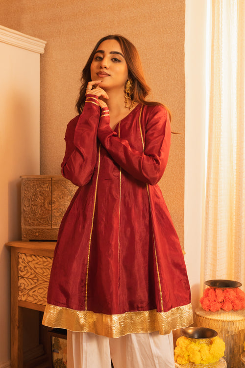 Suroor Wine Short Anarkali with White Farshi Salwaar