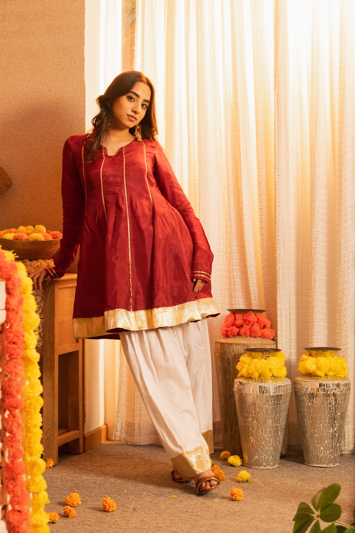 Suroor Wine Short Anarkali with White Farshi Salwaar