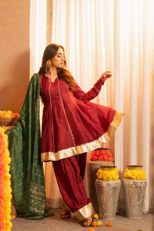Mastaani Wine Short Anarkali Farshi Salwaar Set with Dupatta