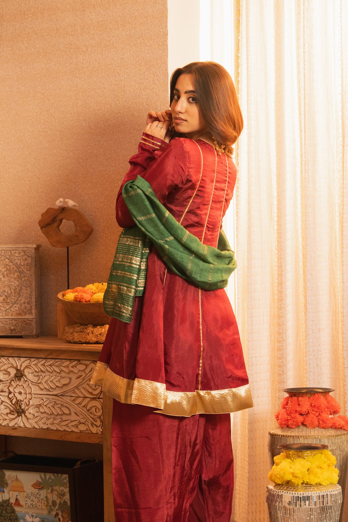 Mastaani Wine Short Anarkali Farshi Salwaar Set with Dupatta