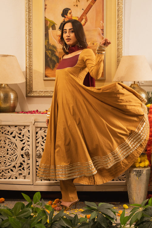 Marudhara Beige-Magenta Anarkali Kurta Set With Dupatta