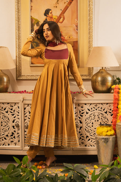 Marudhara Beige-Magenta Anarkali Kurta Set With Dupatta