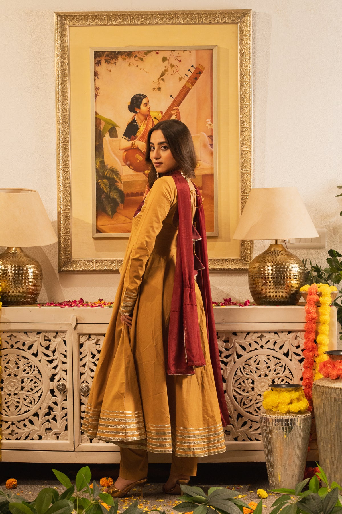 Marudhara Beige-Magenta Anarkali Kurta Set With Dupatta