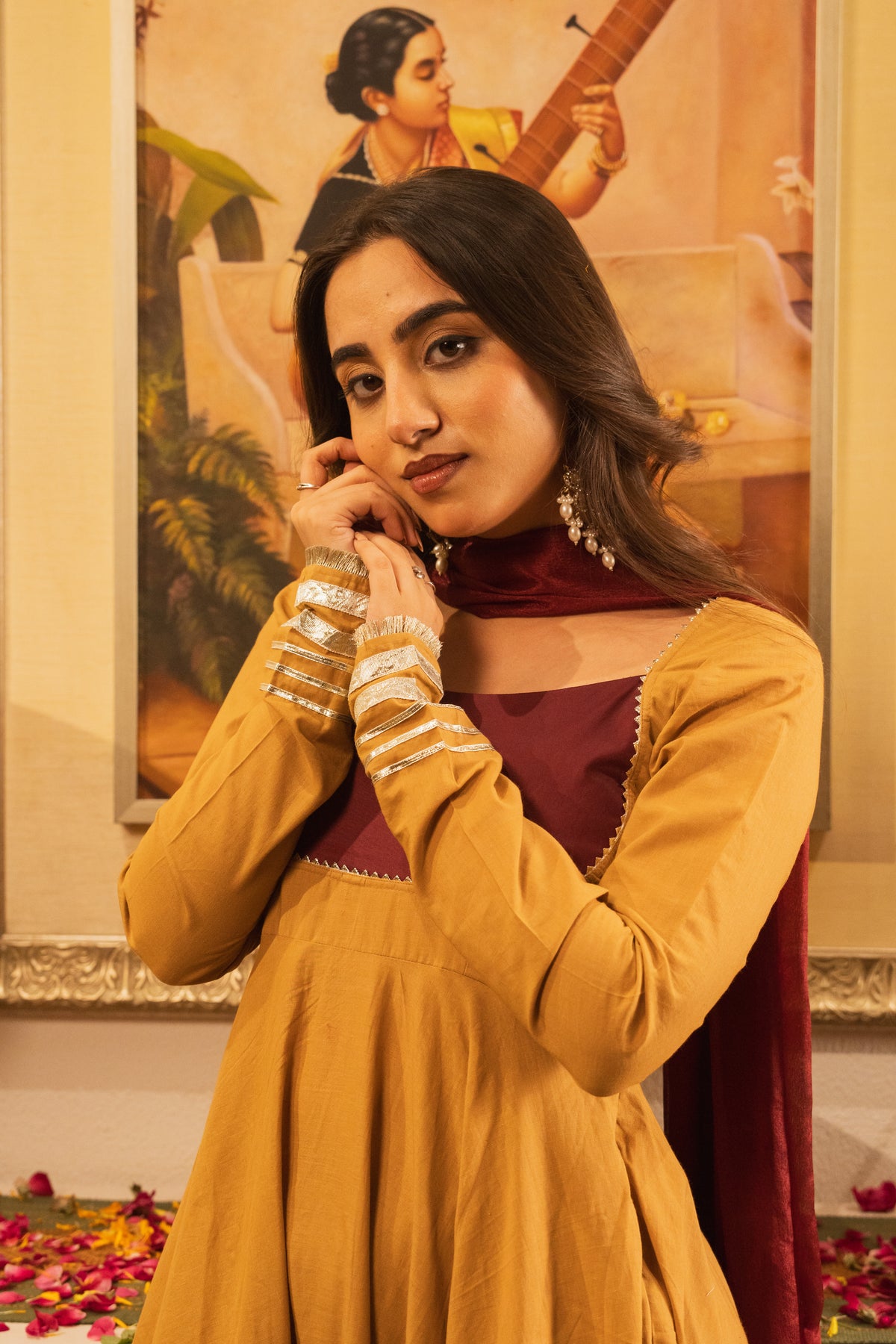 Marudhara Beige-Magenta Anarkali Kurta Set With Dupatta