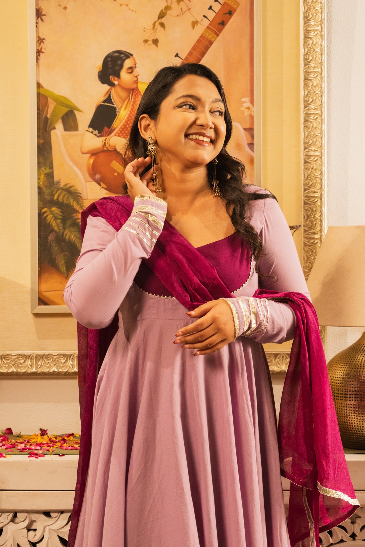 Saanjh Lavender-Wine Anarkali Kurta Set With Dupatta