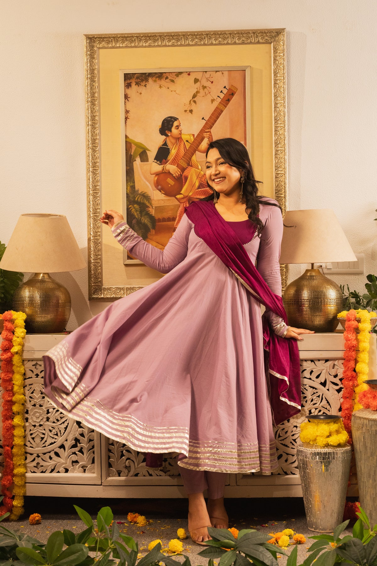 Saanjh Lavender-Wine Anarkali Kurta Set With Dupatta