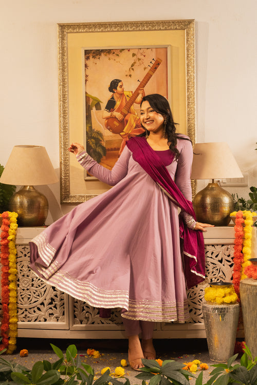 Saanjh Lavender-Wine Anarkali Kurta Set With Dupatta