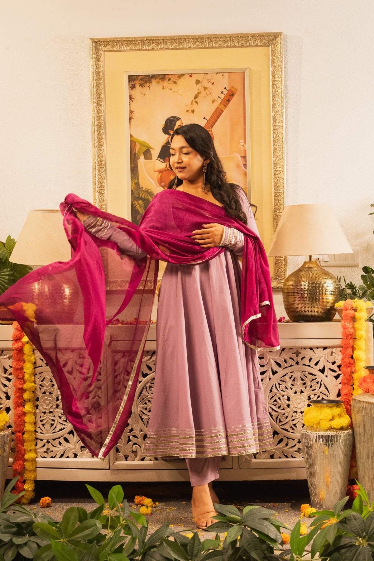 Saanjh Lavender-Wine Anarkali Kurta Set With Dupatta