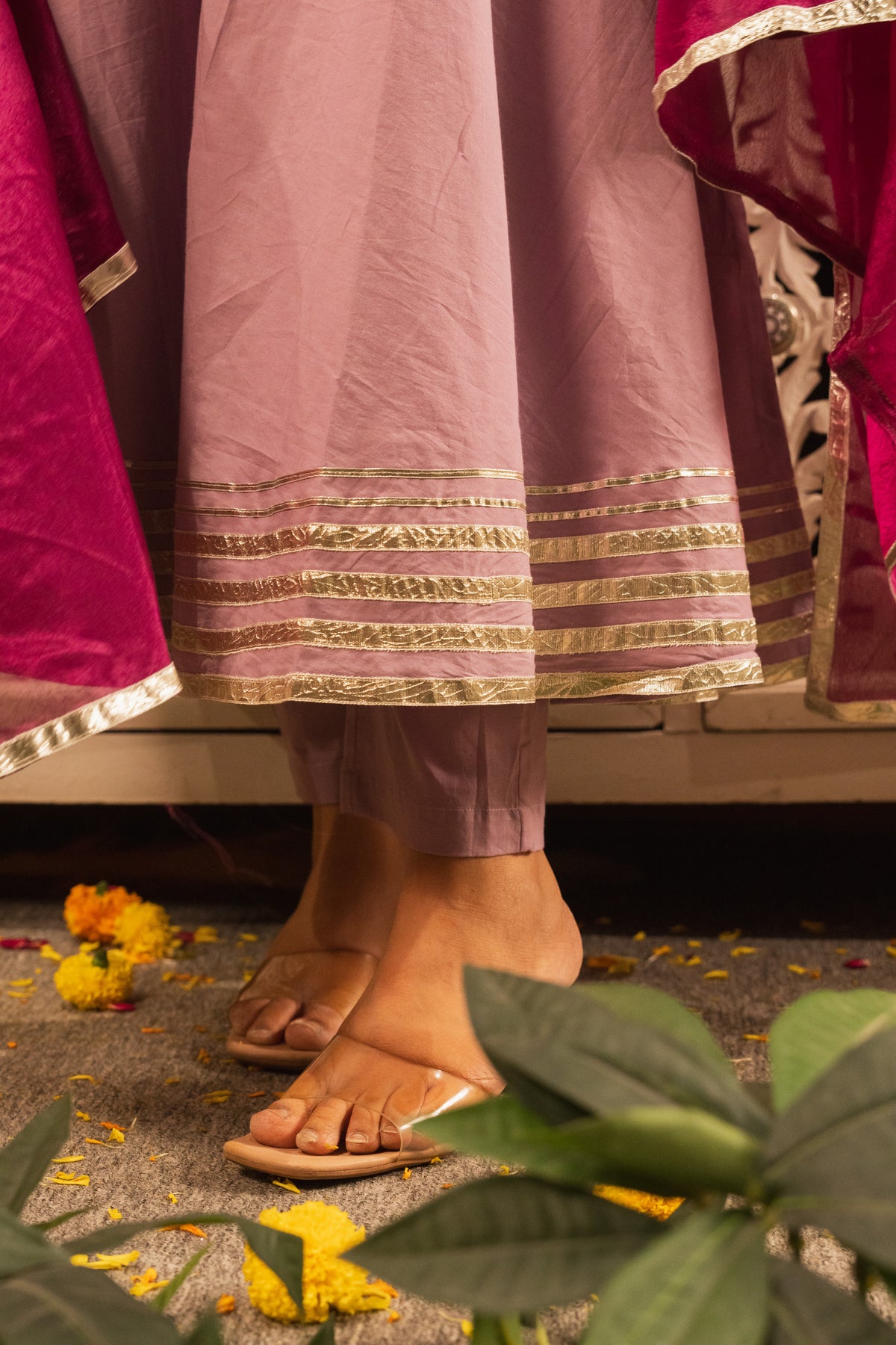 Saanjh Lavender-Wine Anarkali Kurta Set With Dupatta