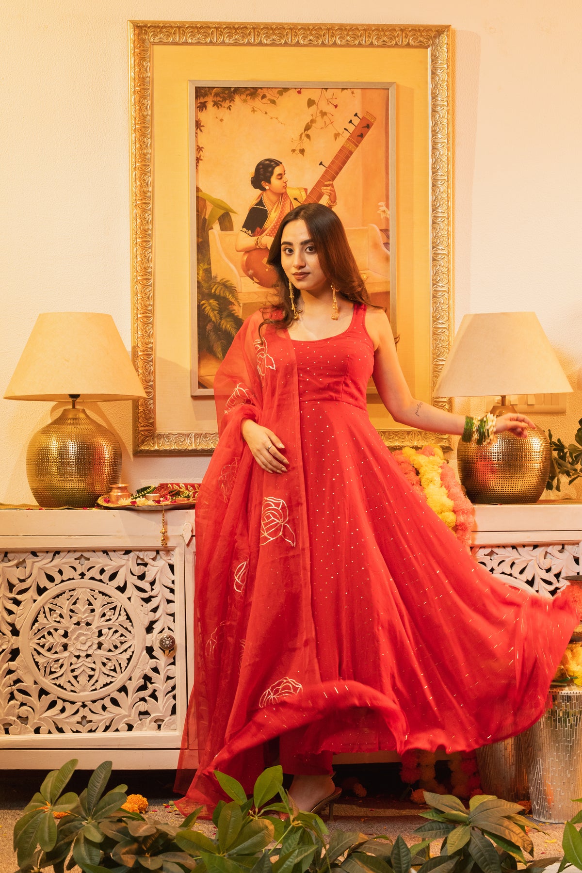 Gul Red Sleeveless Criss-Cross Back Padded Anarkali Set