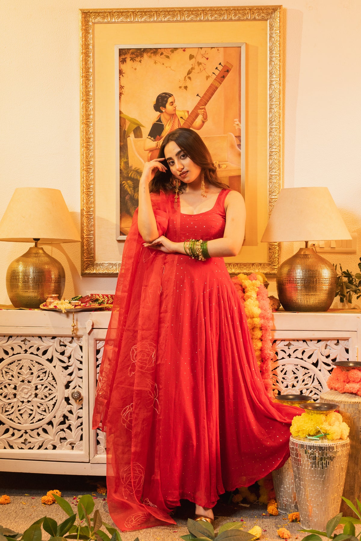 Gul Red Sleeveless Criss-Cross Back Padded Anarkali Set