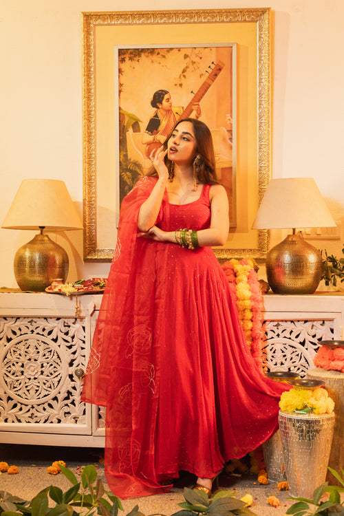 Gul Red Sleeveless Criss-Cross Back Padded Anarkali Set