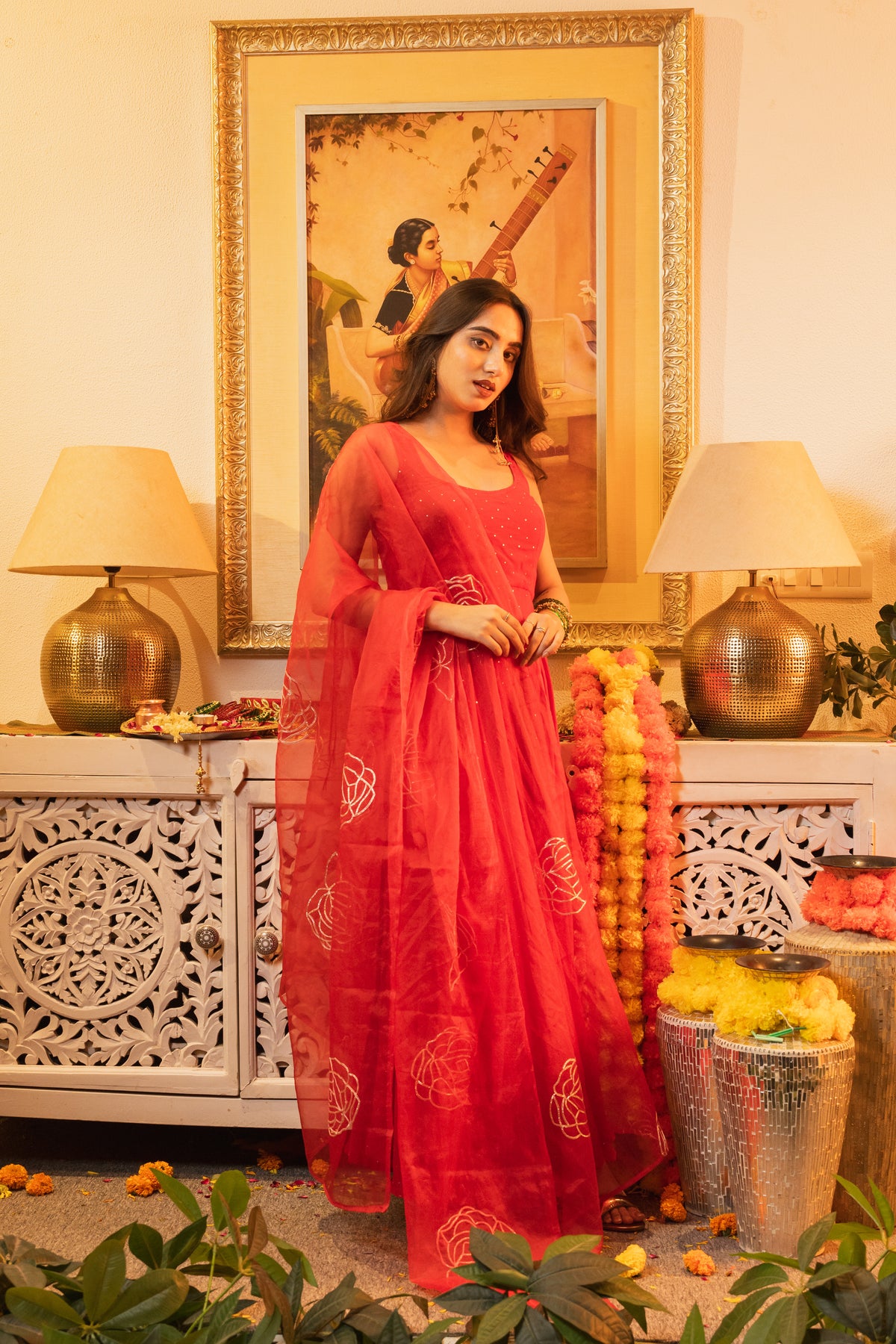 Gul Red Sleeveless Criss-Cross Back Padded Anarkali Set