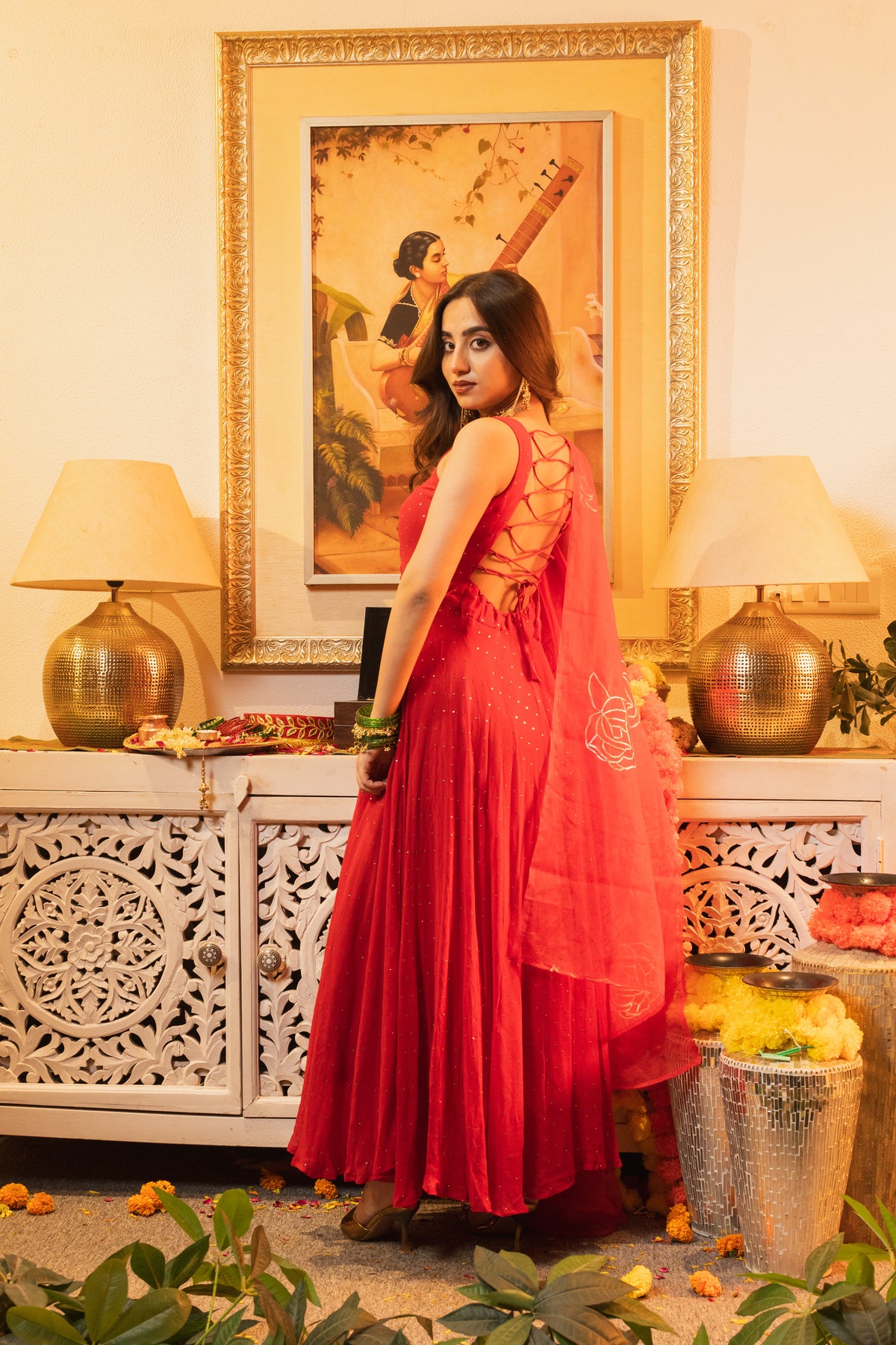 Gul Red Sleeveless Criss-Cross Back Padded Anarkali Set