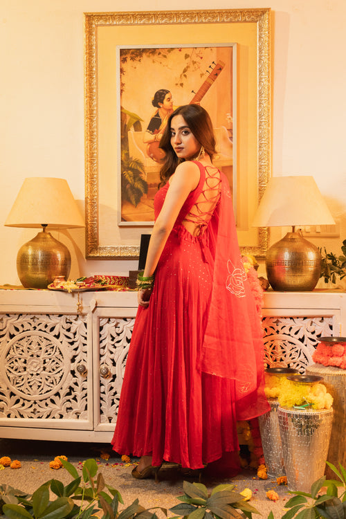Gul Red Sleeveless Criss-Cross Back Padded Anarkali Set
