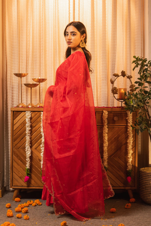 Meher Red Full Sleeves Handwork Anarkali Set