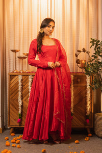 Meher Red Full Sleeves Handwork Anarkali Set