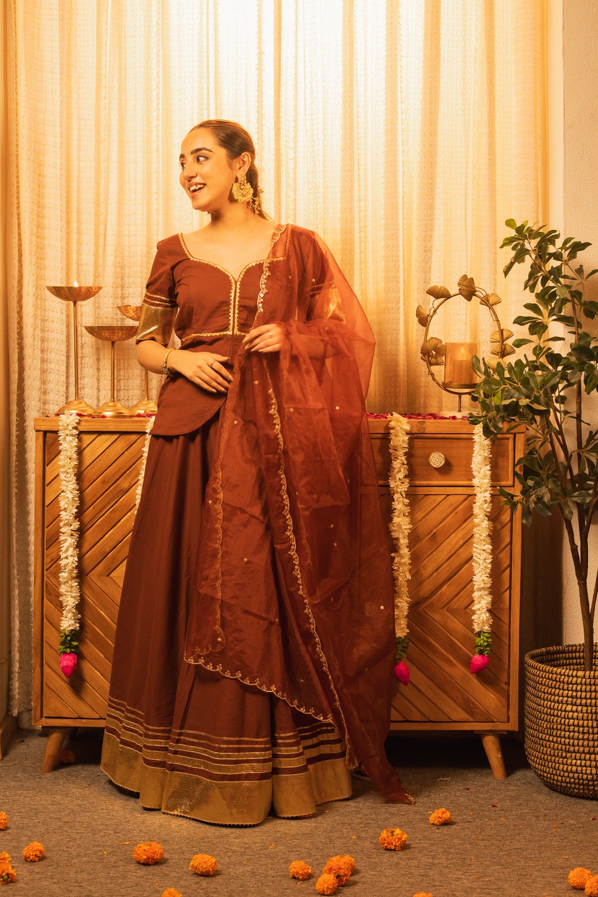 Ladoo Saa Brown Poshak Style Lehenga Choli with Dupatta
