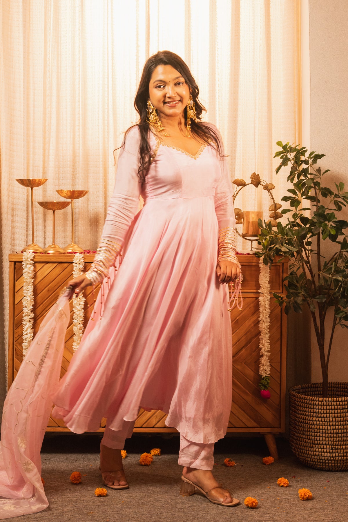 Hoor Baby Pink Anarkali Set with Ghungroo Sleeves