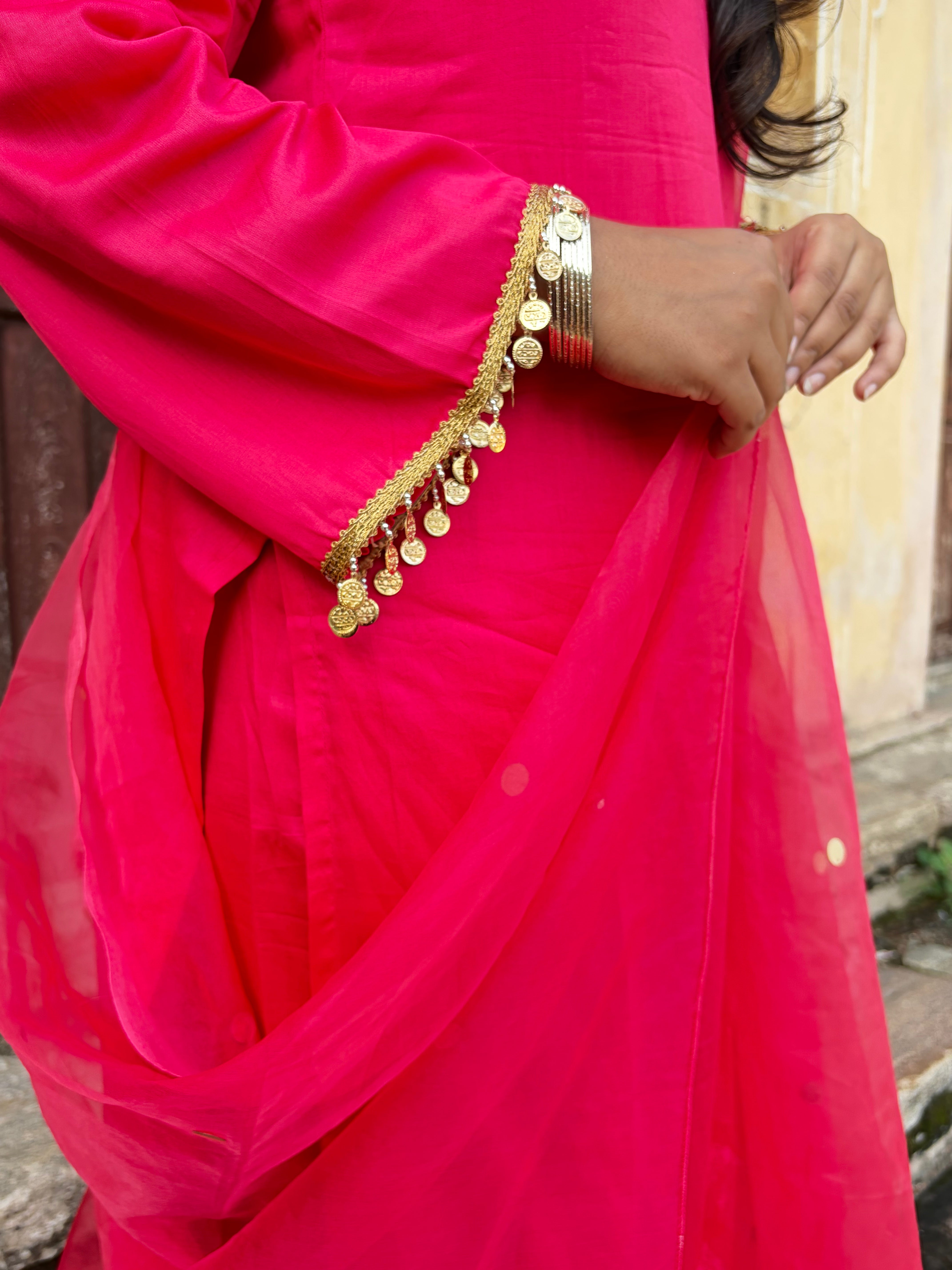 A close-up of a bright pink traditional outfit with a sheer dupatta and a gold coin-trimmed sleeve, worn by a model.
